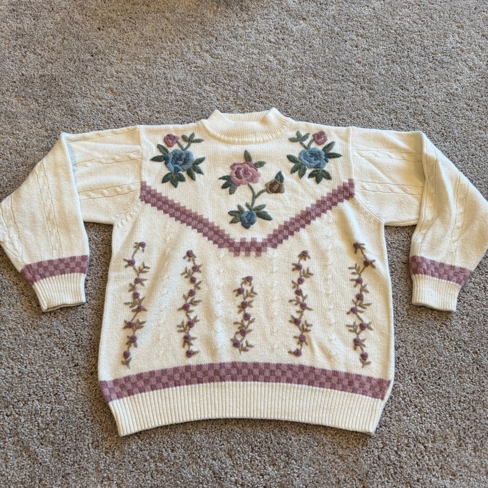 Floral Knitted Cream Crewneck Sweater Size 1X